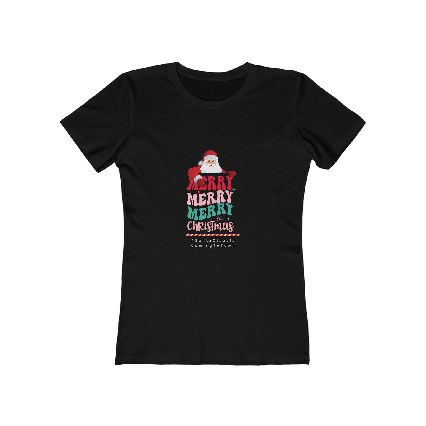 Black Printify t-shirt featuring Santa Claus Christmas tee women design with festive Merry Christmas text