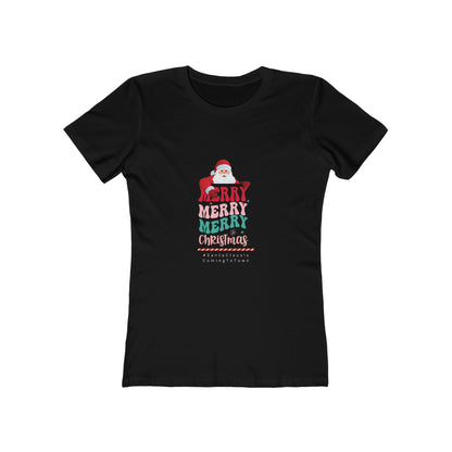 Black Printify t-shirt featuring Santa Claus Christmas tee women design with festive Merry Christmas text