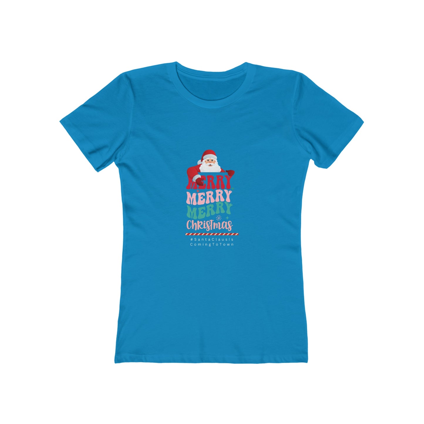 Printify blue santa claus christmas tee women with colorful Merry Christmas text and Santa graphic