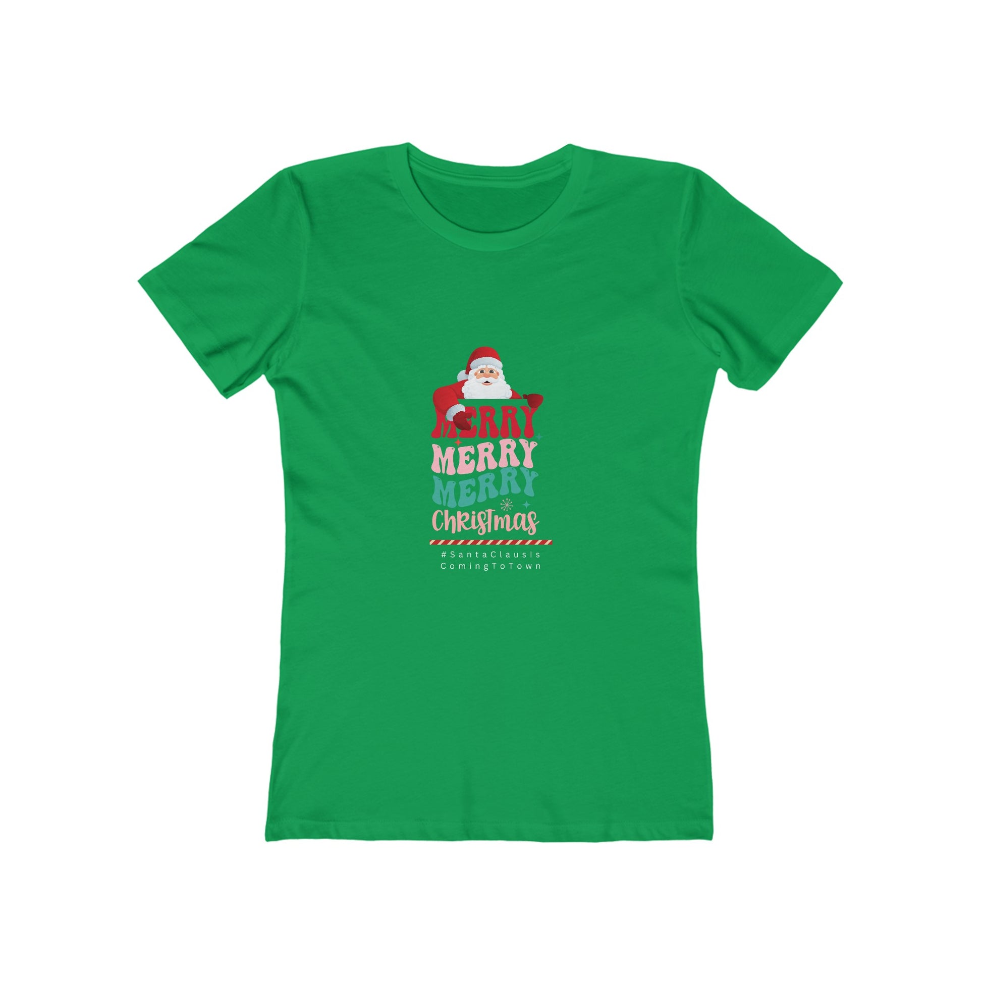Green Printify women's t-shirt with Santa Claus Christmas tee women design and Merry Christmas text