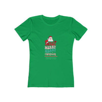 Green Printify women's t-shirt with Santa Claus Christmas tee women design and Merry Christmas text