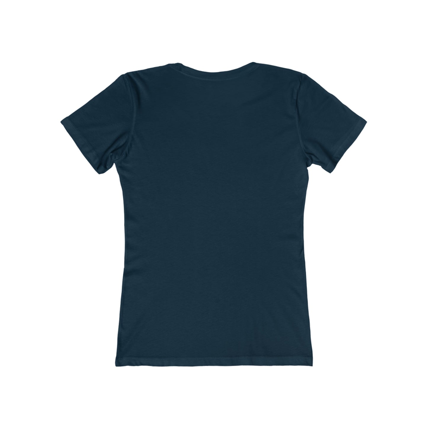 Plain navy blue t-shirt from Printify shown from the back for santa claus christmas tee women