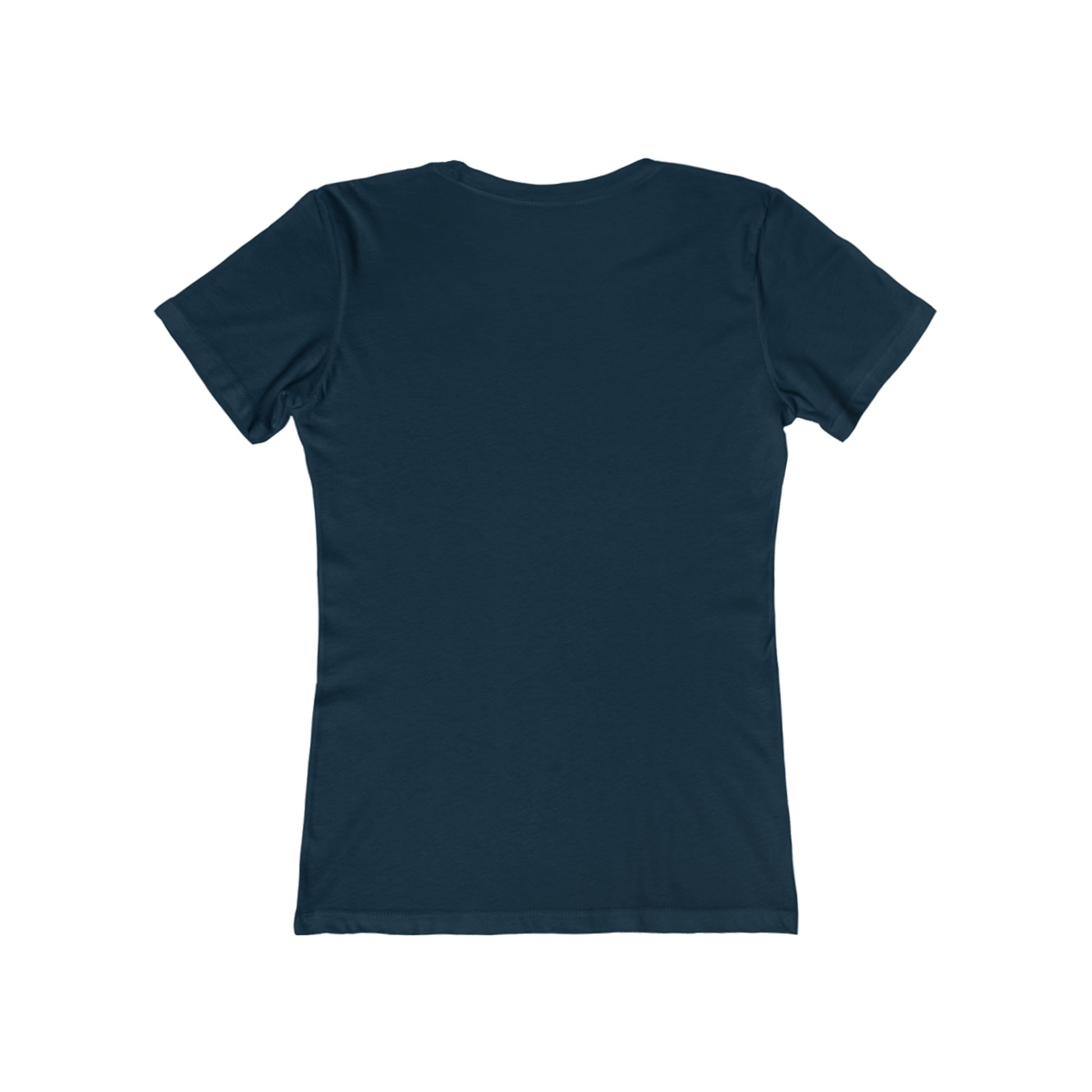 Plain navy blue t-shirt from Printify shown from the back for santa claus christmas tee women