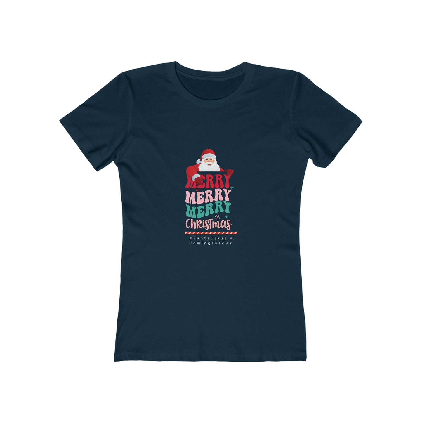Printify navy blue T-shirt with Santa Claus Christmas design for holiday season santa claus christmas tee women