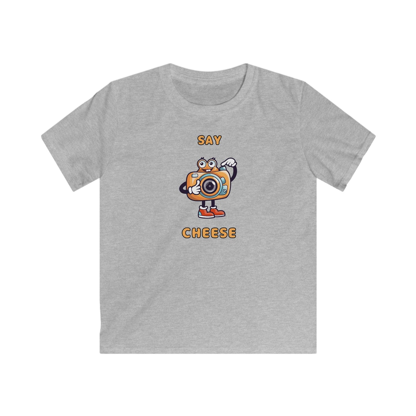 Gray kids t-shirt with cartoon camera and text say cheese kids tee printed on front