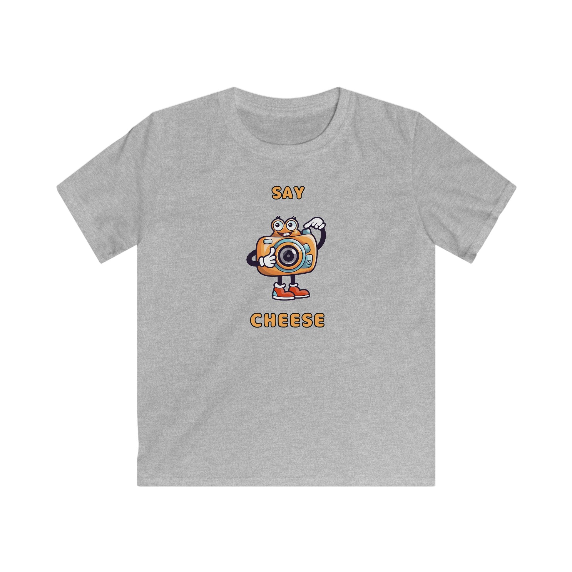 Gray kids t-shirt with cartoon camera and text say cheese kids tee printed on front