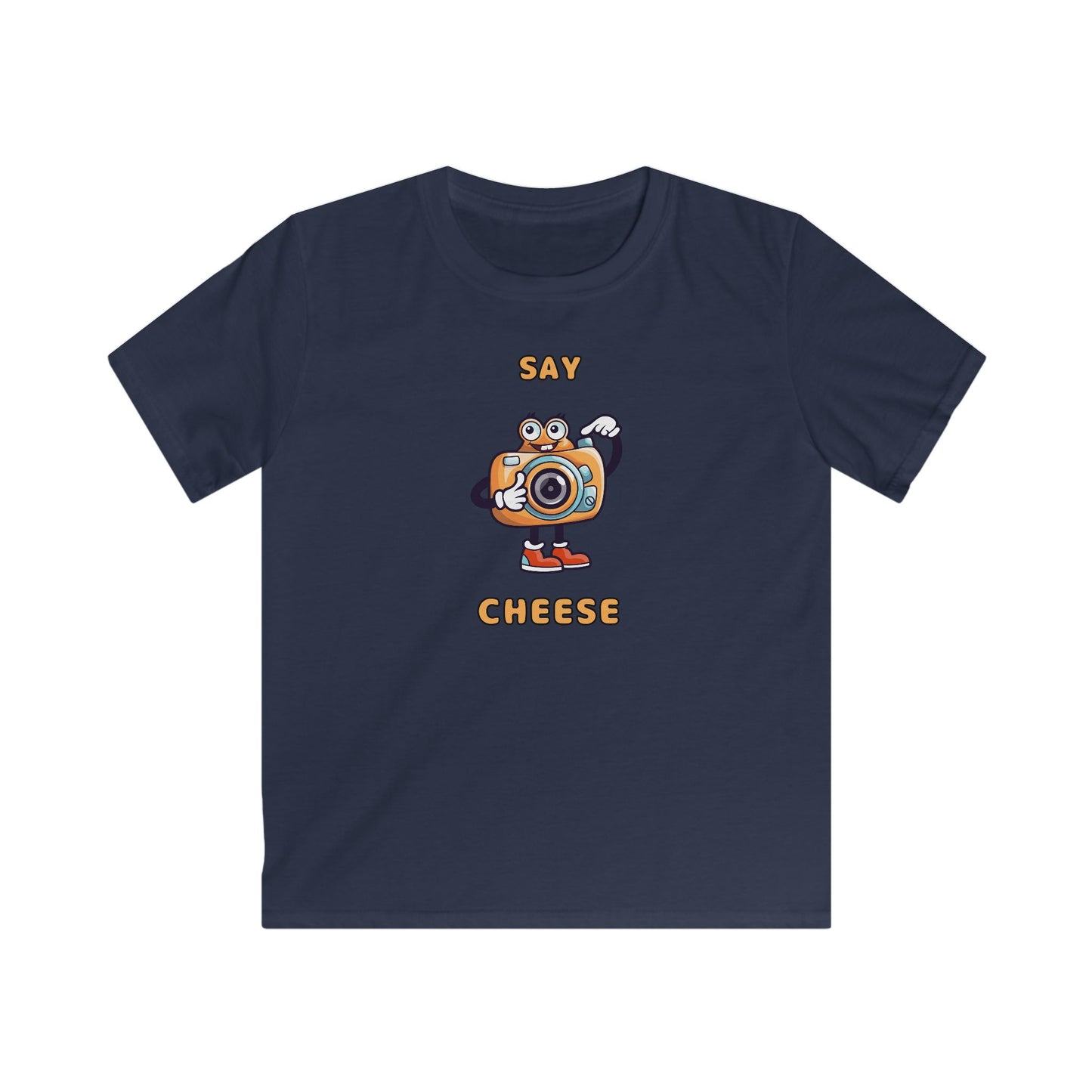 Navy blue kids shirt with cartoon camera and text say cheese kids tee from Printify