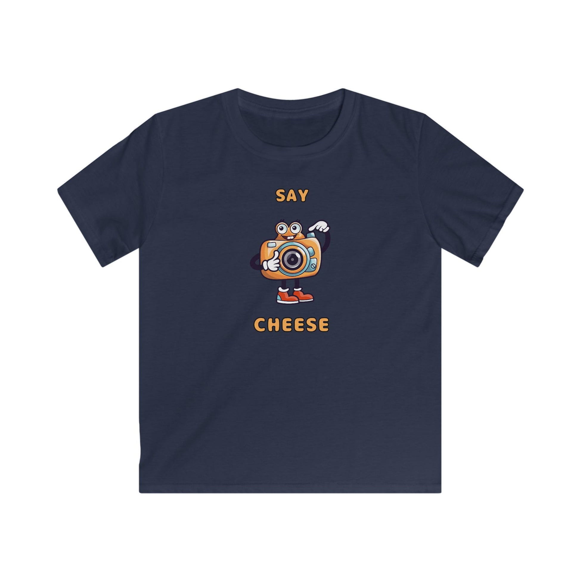Navy blue kids shirt with cartoon camera and text say cheese kids tee from Printify
