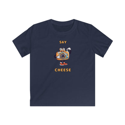Navy blue kids shirt with cartoon camera and text say cheese kids tee from Printify