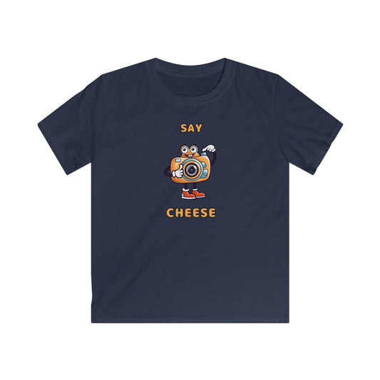Navy blue kids shirt with cartoon camera and text say cheese kids tee from Printify