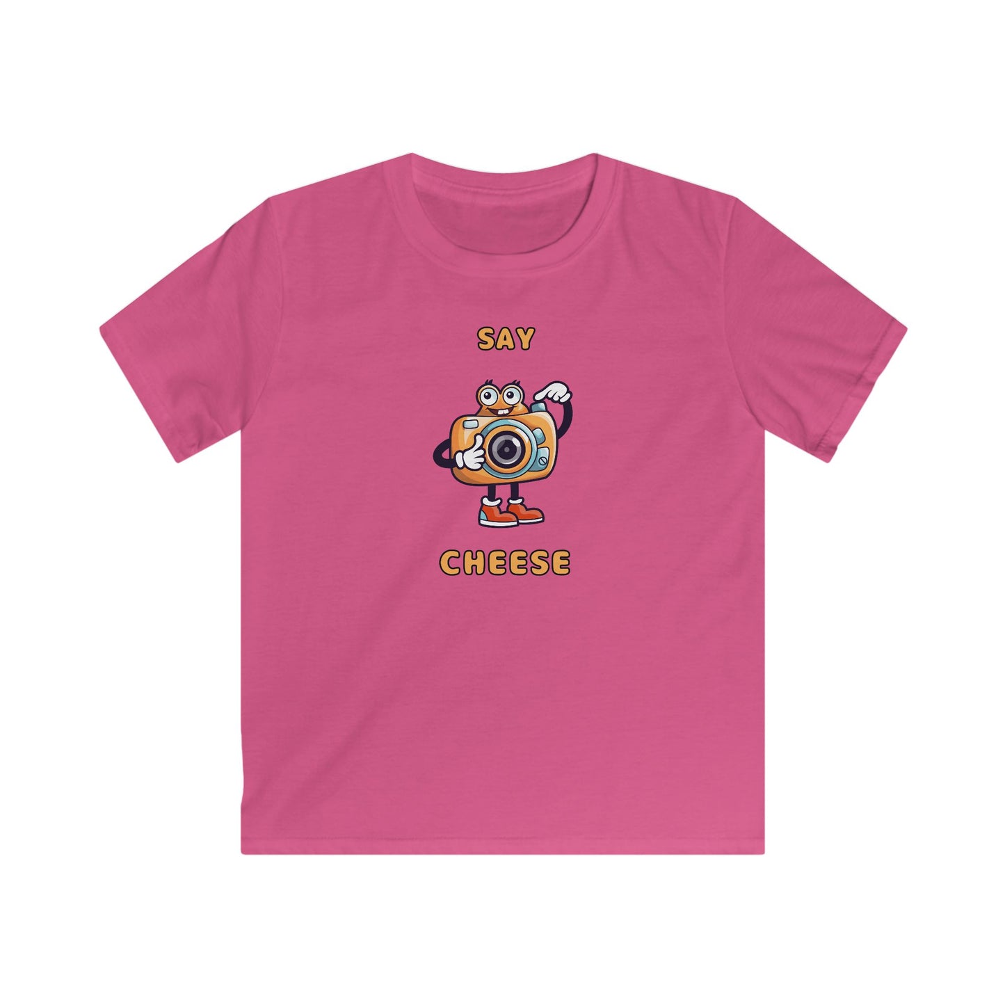 Pink kids t-shirt featuring a cartoon camera and the text say cheese kids tee