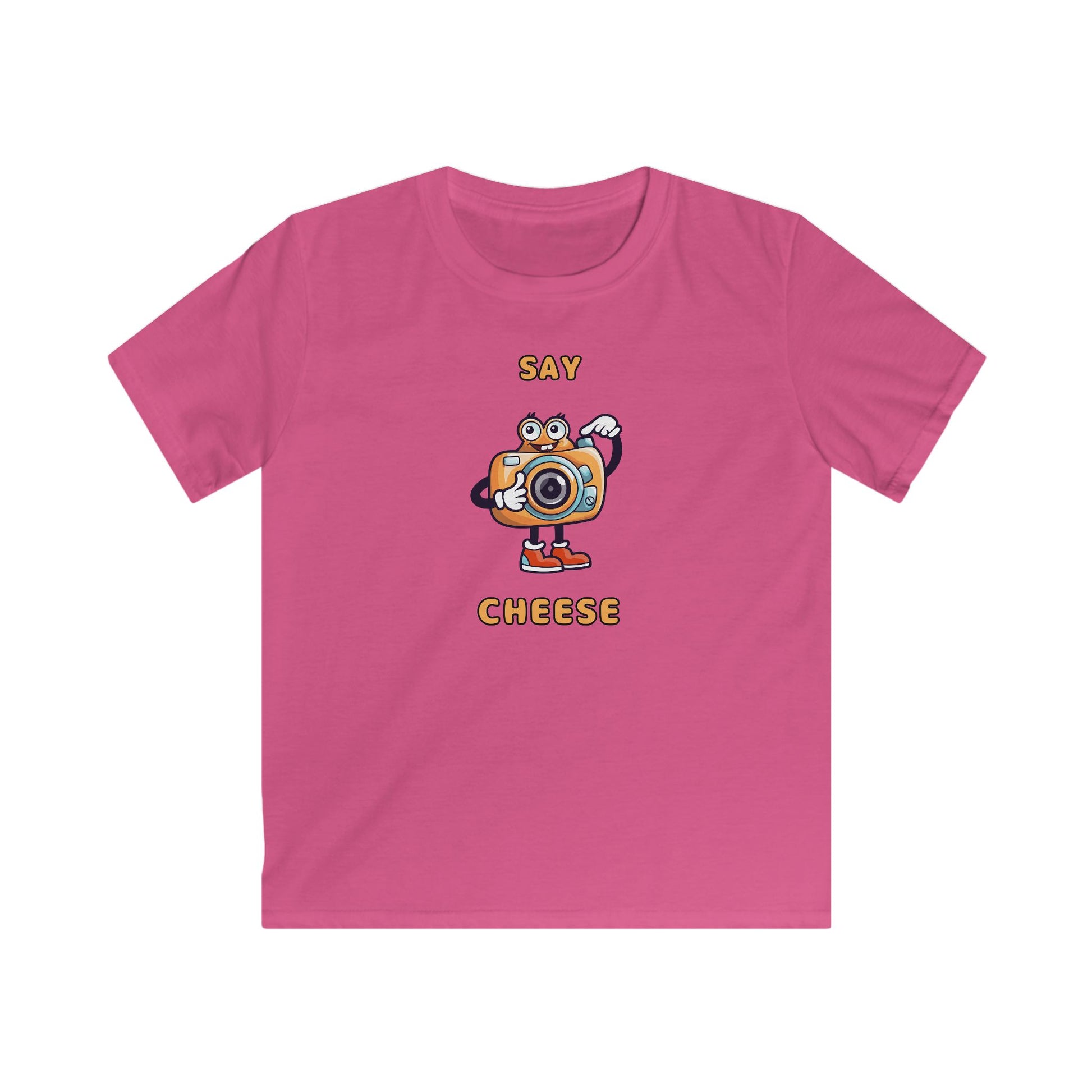 Pink kids t-shirt featuring a cartoon camera and the text say cheese kids tee