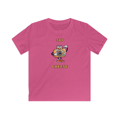Pink kids t-shirt featuring a cartoon camera and the text say cheese kids tee