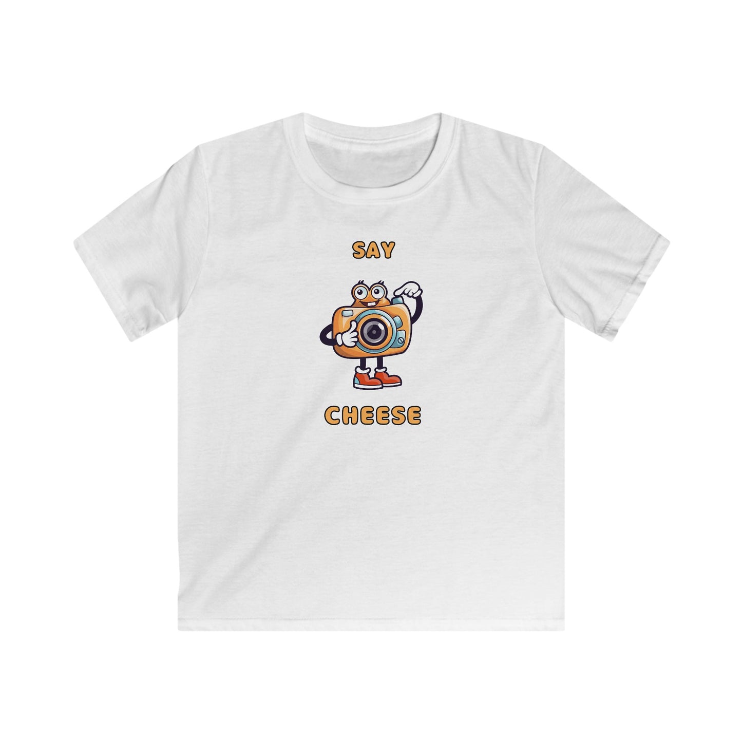 White kids t-shirt with a cartoon camera and text say cheese kids tee by Printify