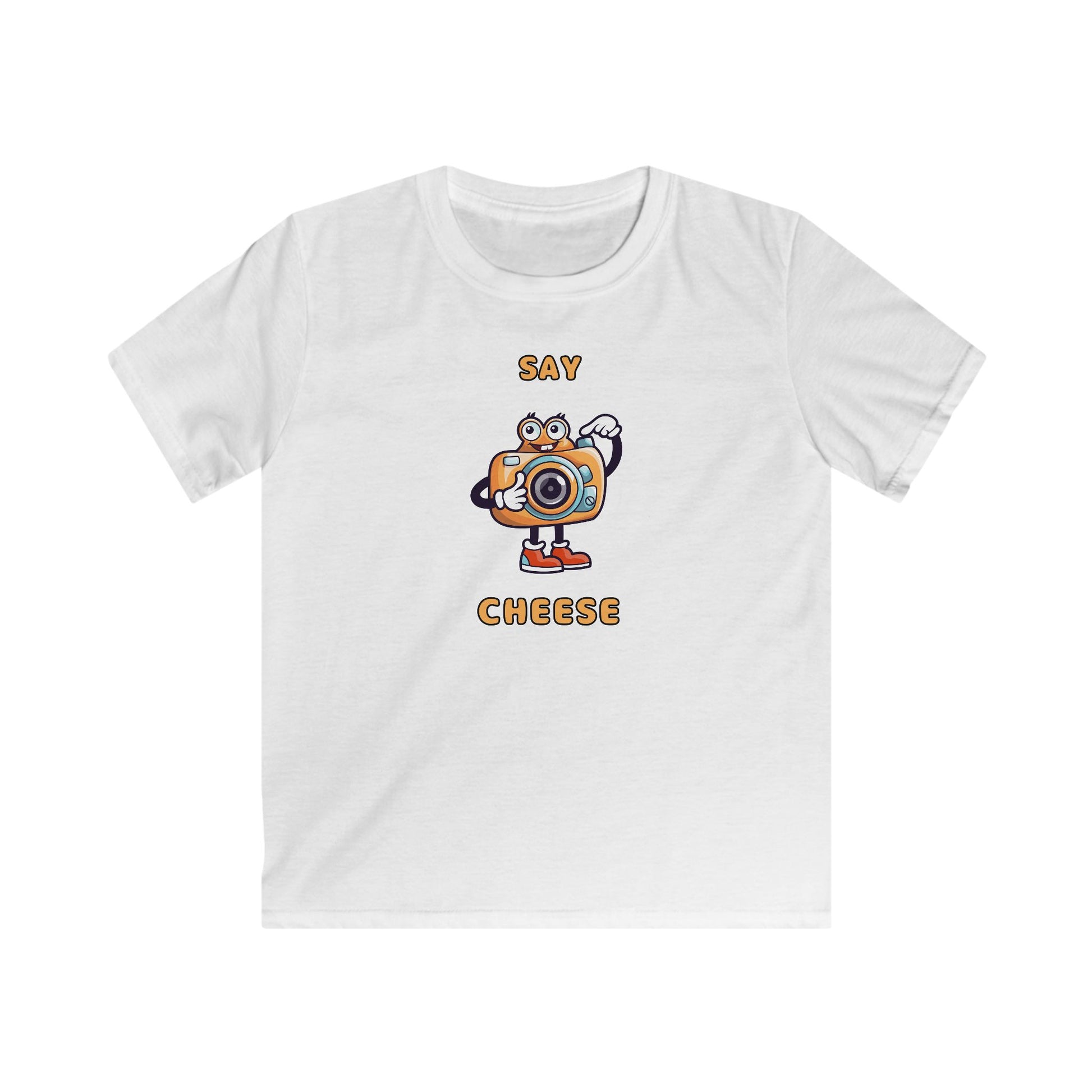 White kids t-shirt with a cartoon camera and text say cheese kids tee by Printify