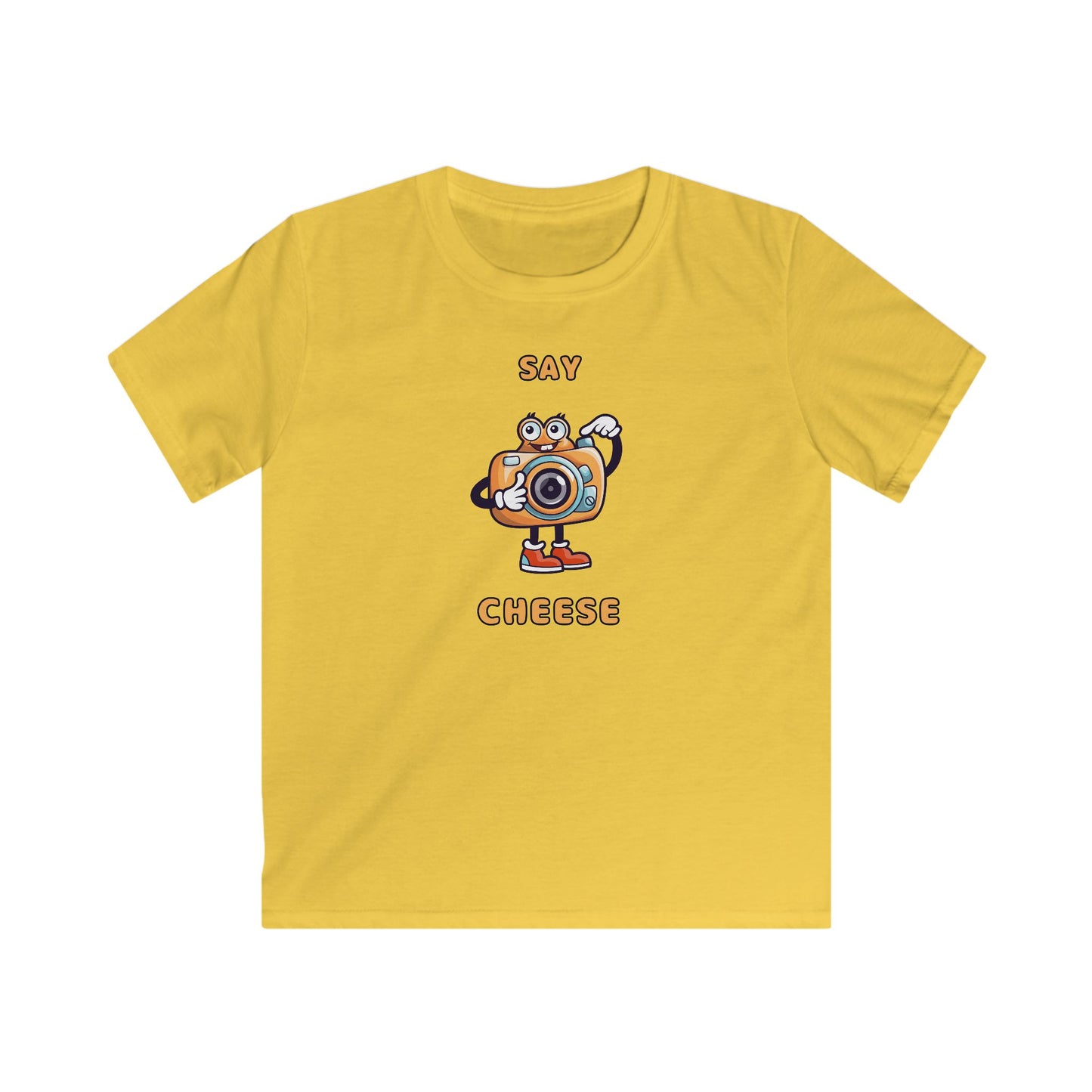 Yellow kids shirt with cartoon camera and text say cheese kids tee by Printify