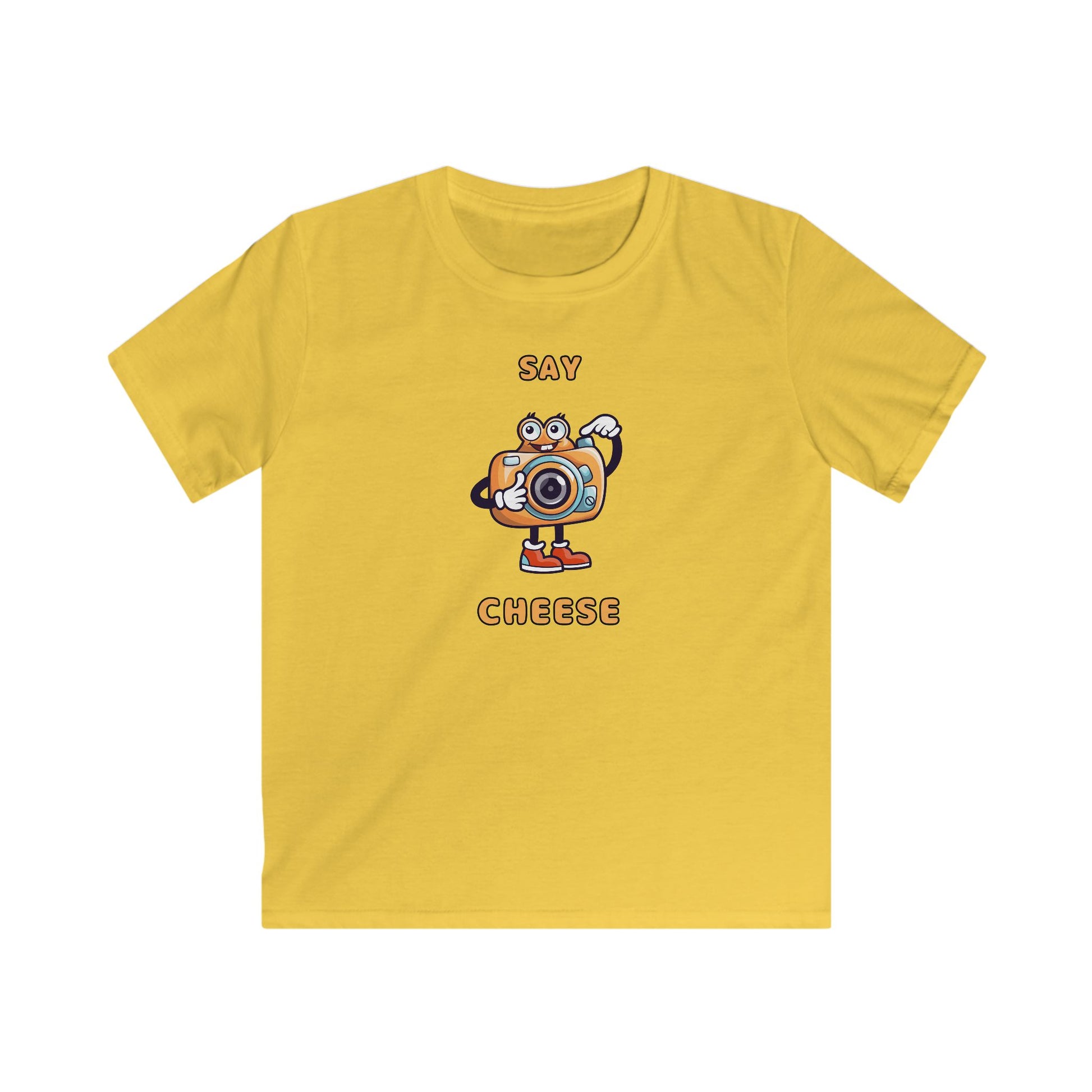 Yellow kids shirt with cartoon camera and text say cheese kids tee by Printify