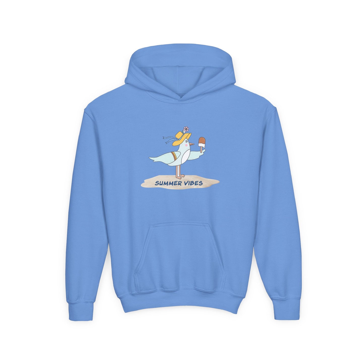 Light blue seagull kids hoodie with a cute seagull holding a popsicle and summer vibes text