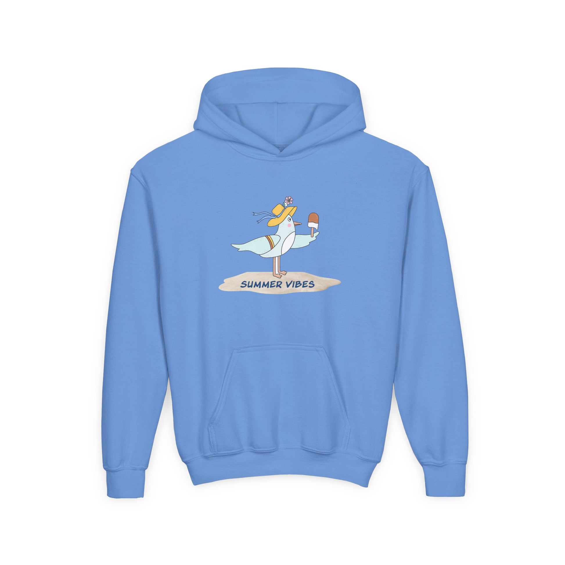 Light blue seagull kids hoodie with a cute seagull holding a popsicle and summer vibes text