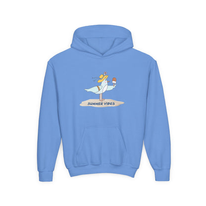 Light blue seagull kids hoodie with a cute seagull holding a popsicle and summer vibes text