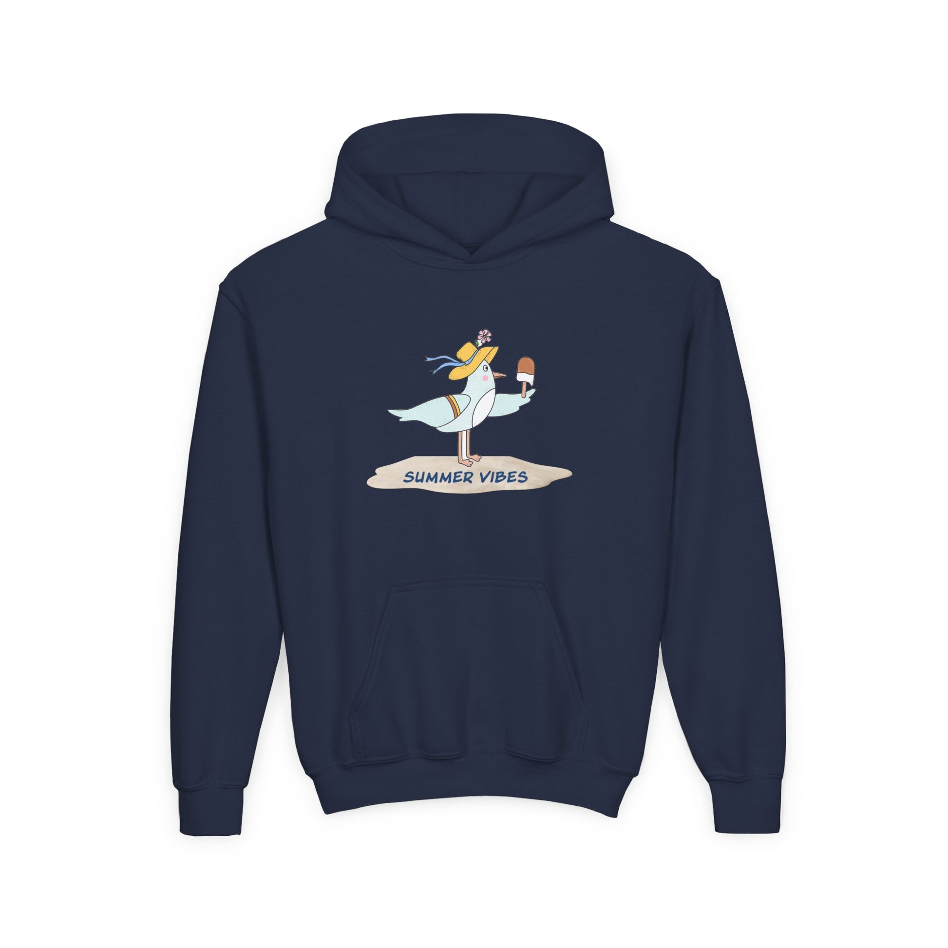 Navy blue seagull kids hoodie with summer vibes graphic print and front pocket