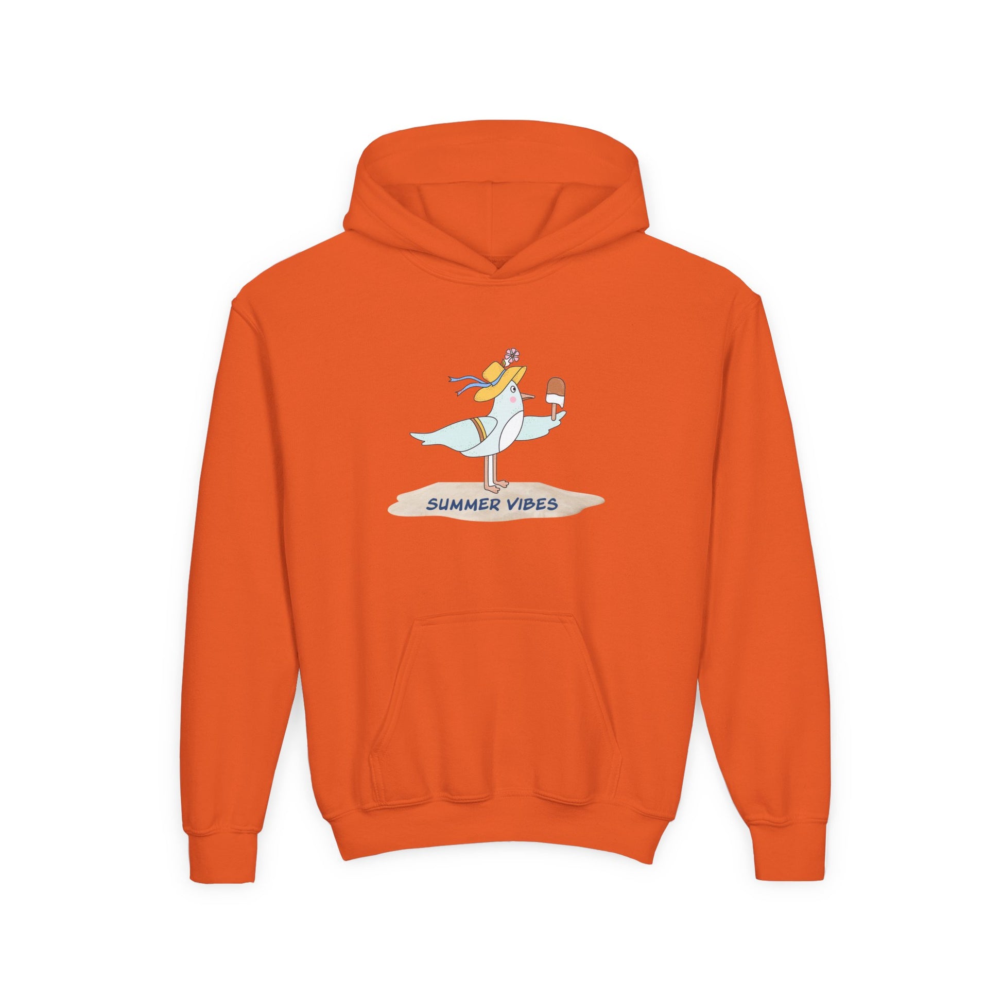 Orange seagull kids hoodie with summer vibes graphic and front pocket for children