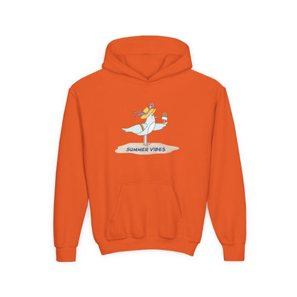 Orange seagull kids hoodie with summer vibes graphic and front pocket for children