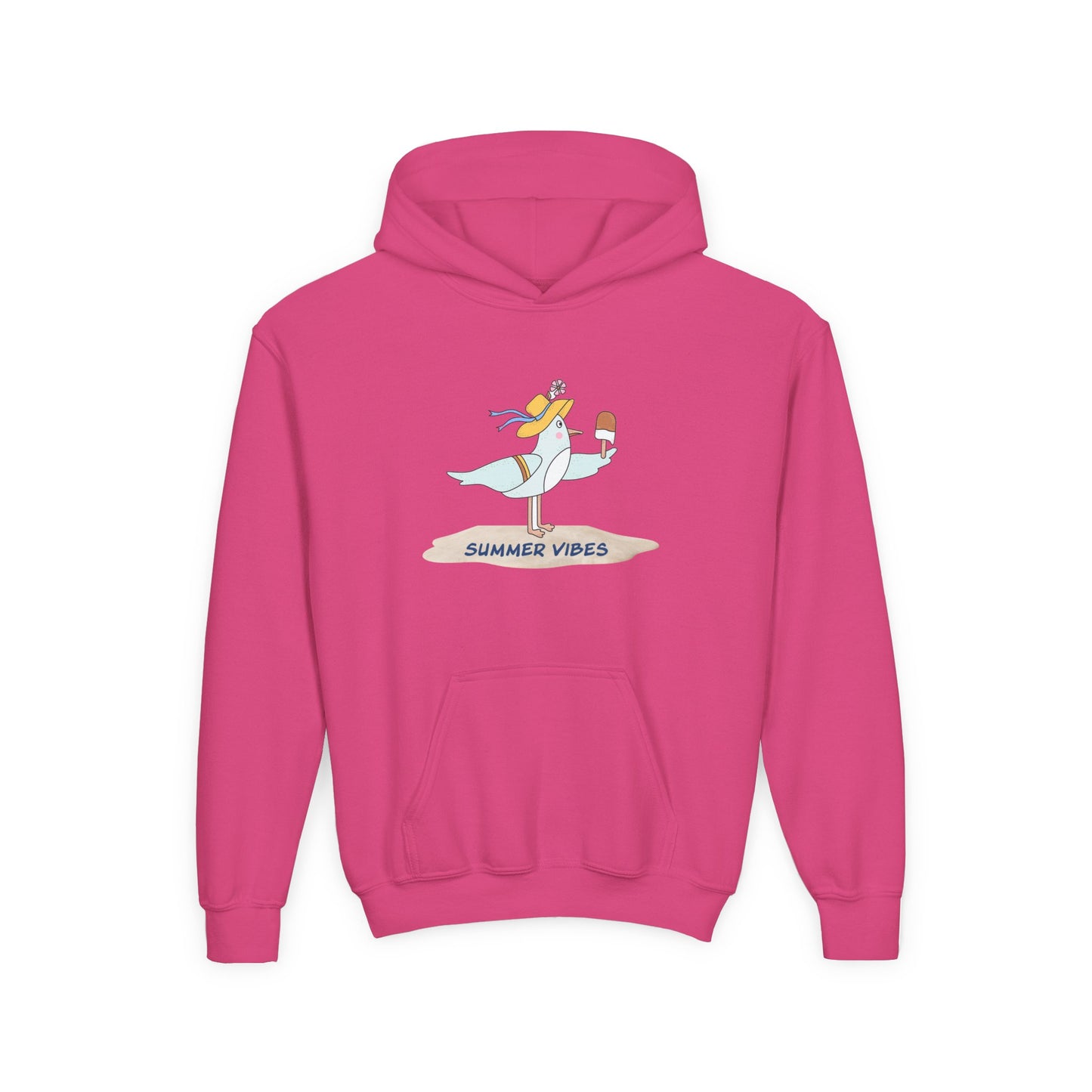 Pink seagull kids hoodie with summer vibes graphic and front kangaroo pocket by Printify