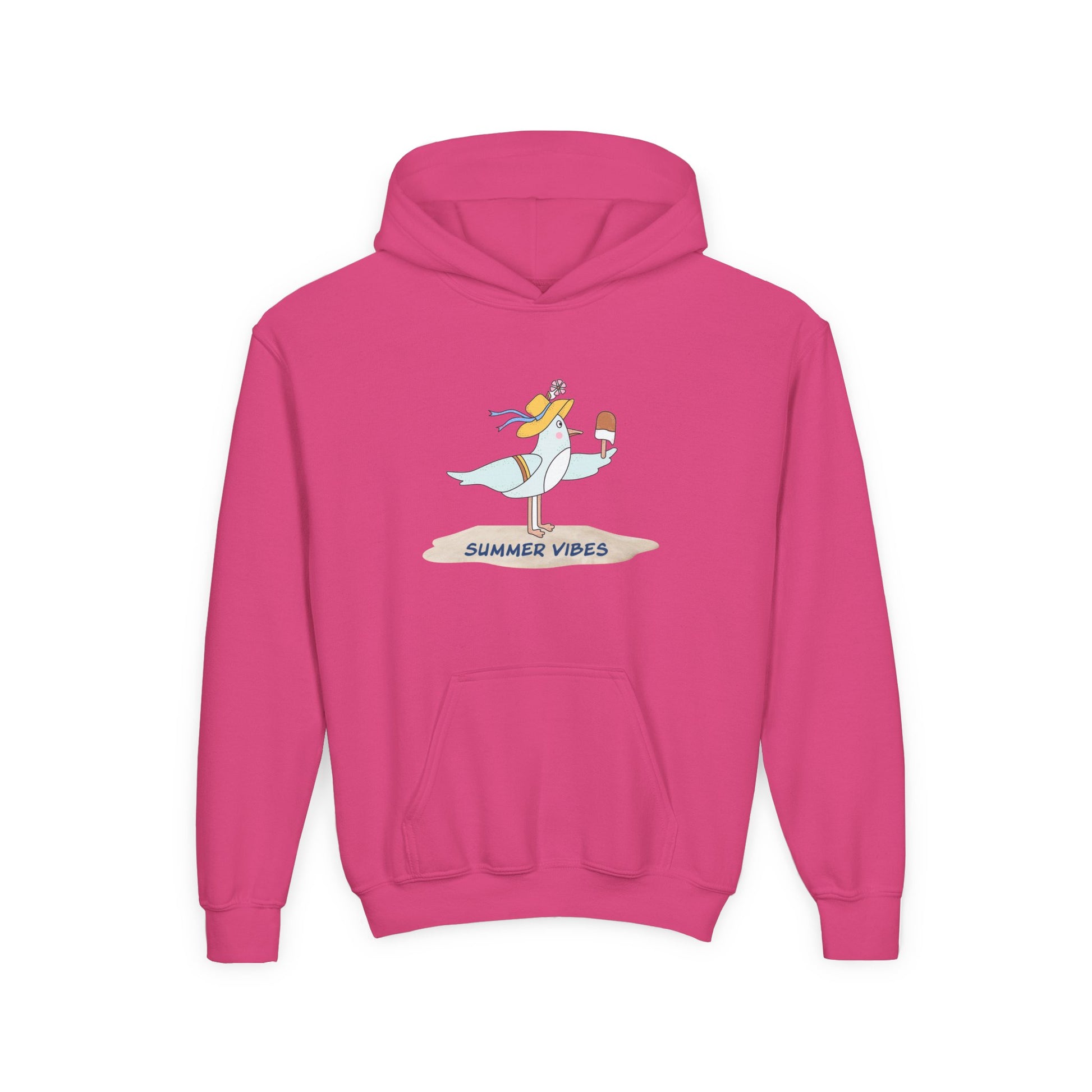 Pink seagull kids hoodie with summer vibes graphic and front kangaroo pocket by Printify