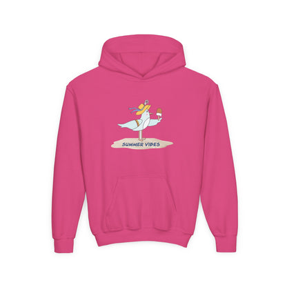 Pink seagull kids hoodie with summer vibes graphic and front kangaroo pocket by Printify