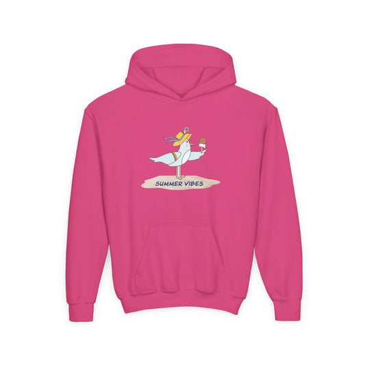 Pink seagull kids hoodie with summer vibes graphic and front kangaroo pocket by Printify