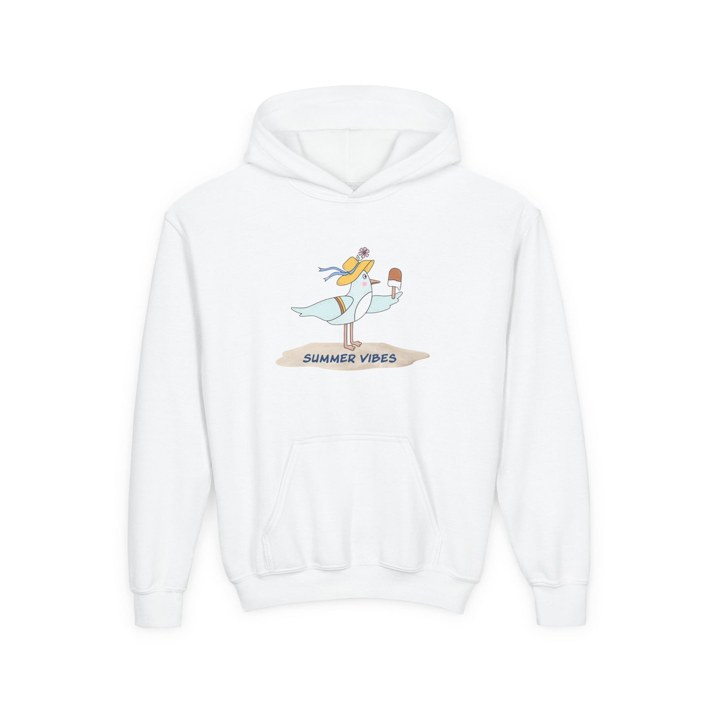 White seagull kids hoodie by Printify with summer vibes design and front pocket