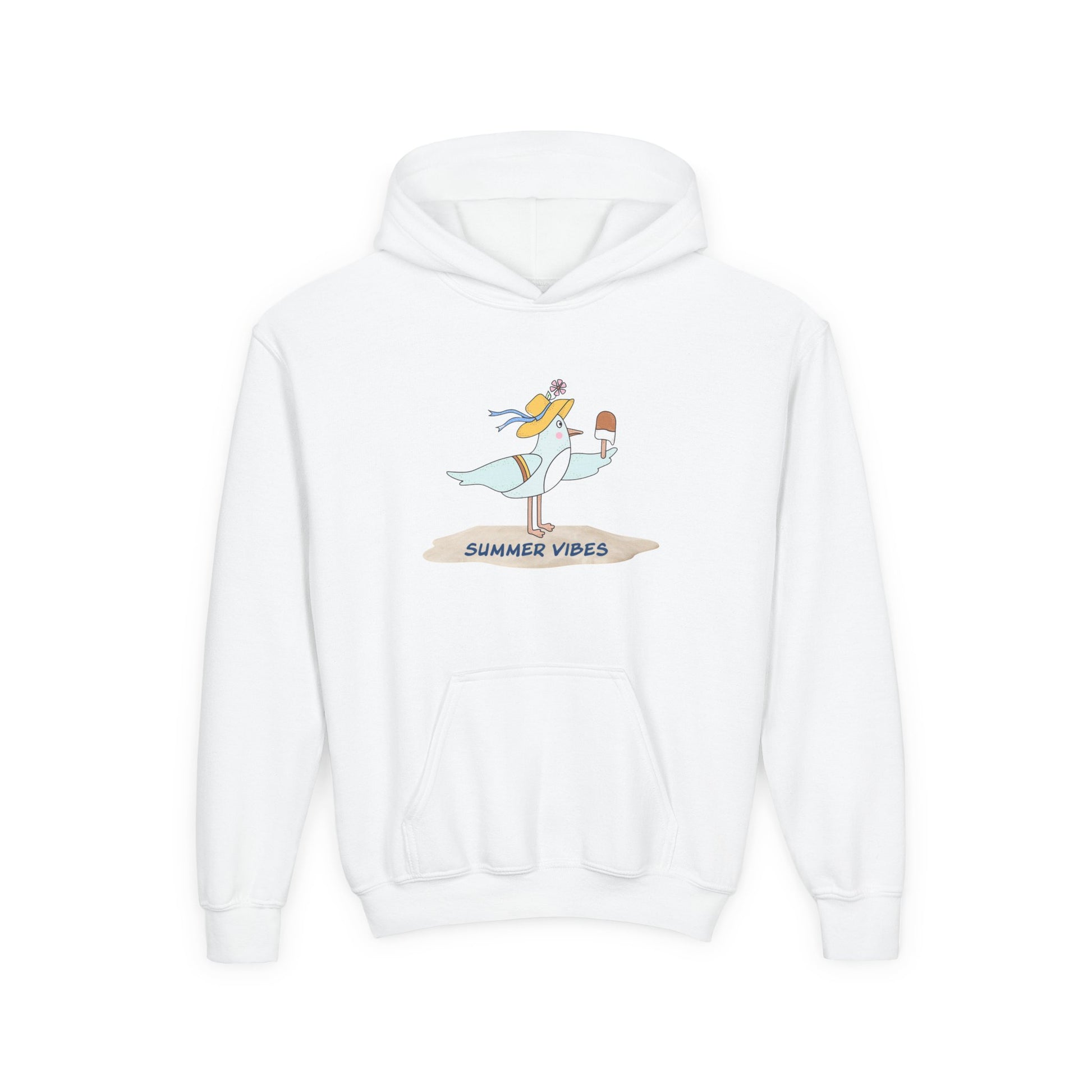 White seagull kids hoodie by Printify with summer vibes design and front pocket