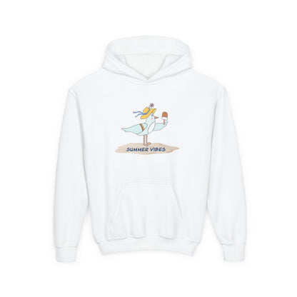 White seagull kids hoodie by Printify with summer vibes design and front pocket