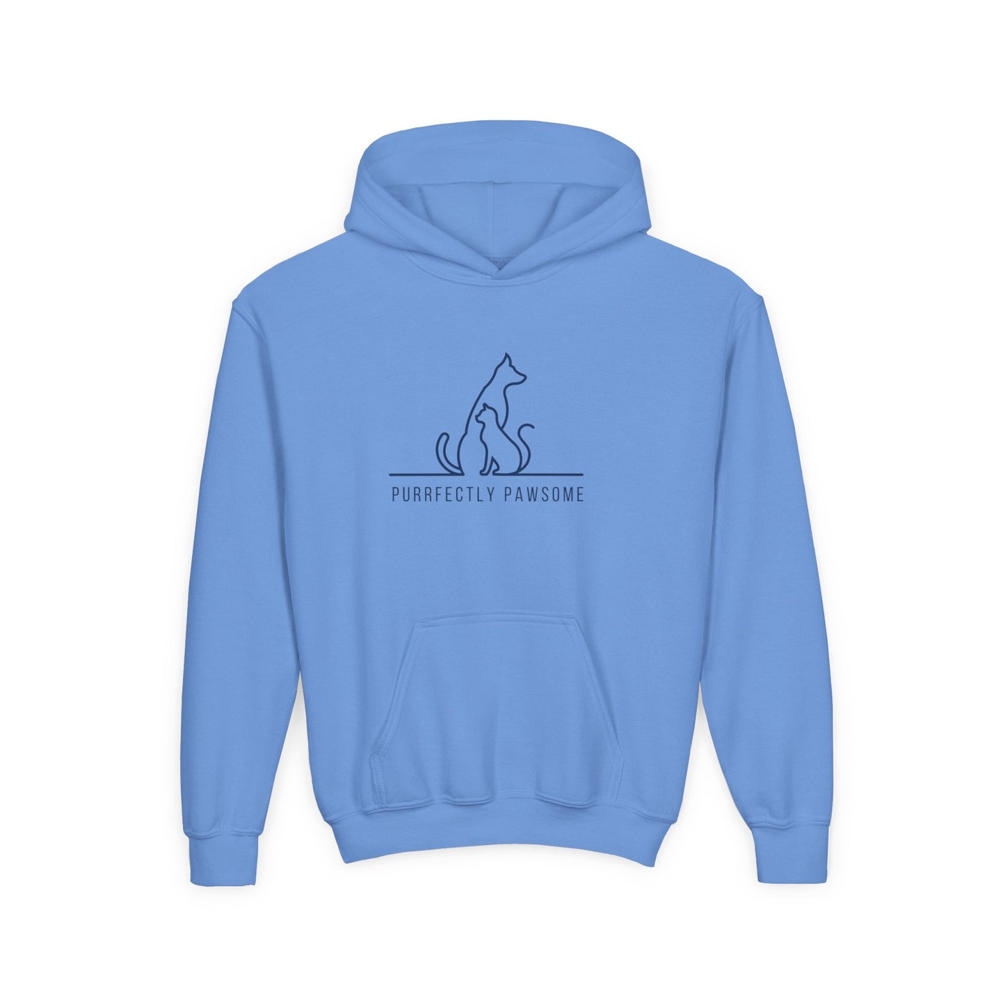 Light blue kids silhouette pet hoodie with cat and dog design and Purrfectly Pawsome text