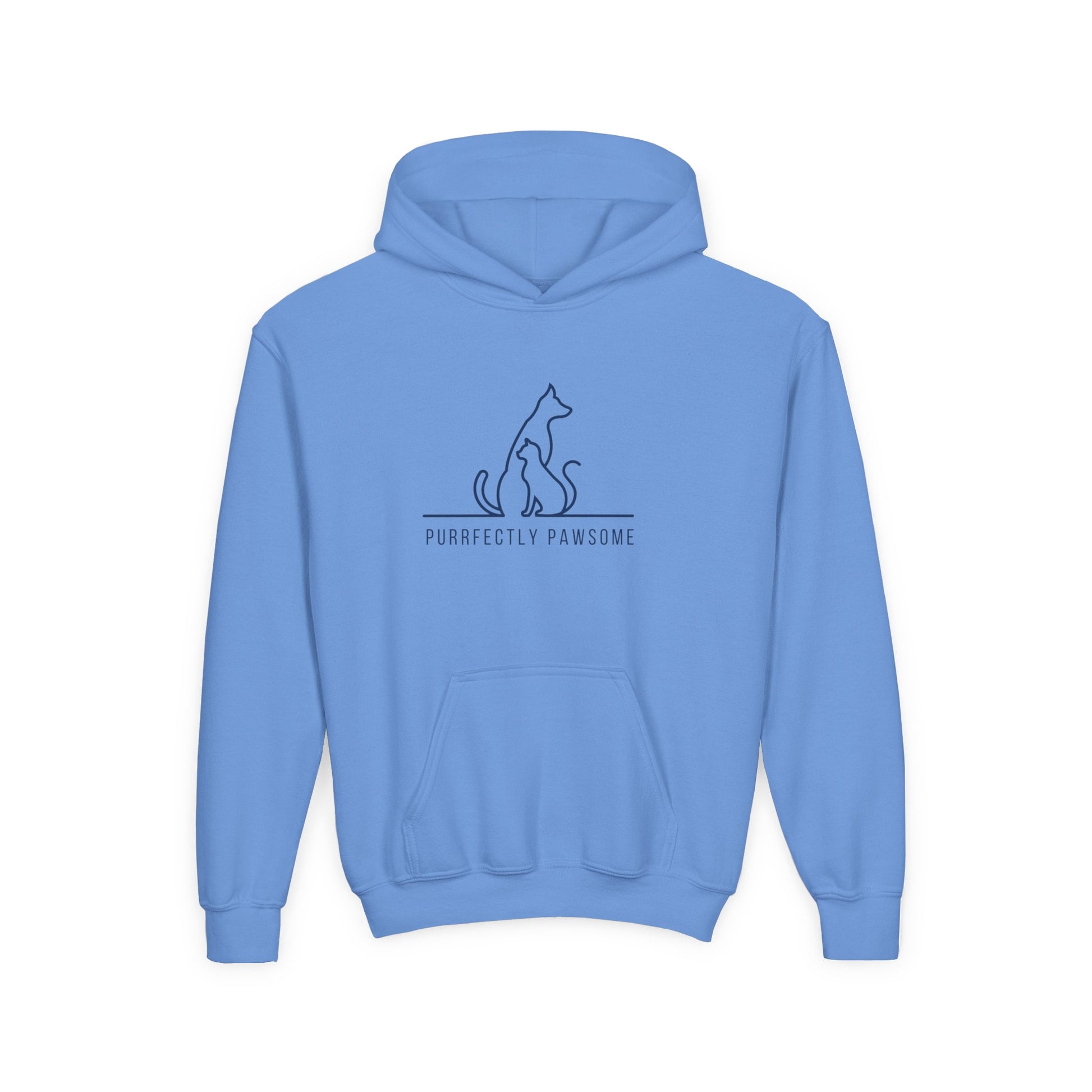 Light blue kids silhouette pet hoodie with cat and dog design and Purrfectly Pawsome text