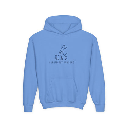 Light blue kids silhouette pet hoodie with cat and dog design and Purrfectly Pawsome text