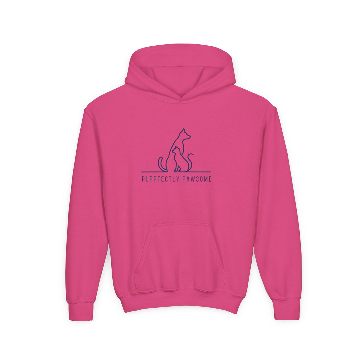 Pink kids silhouette pet hoodie with cat and dog design and PURRRFECTLY PAWSOME text