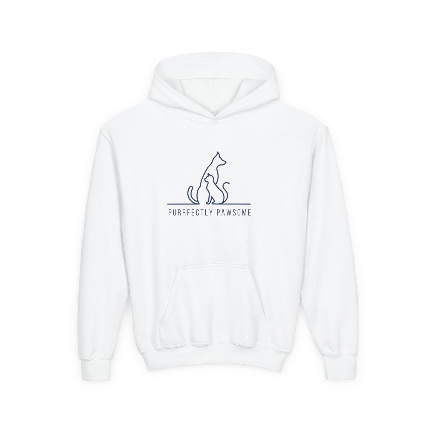White kids silhouette pet hoodie with cat and dog outline and purrfectly pawsome text from Printify
