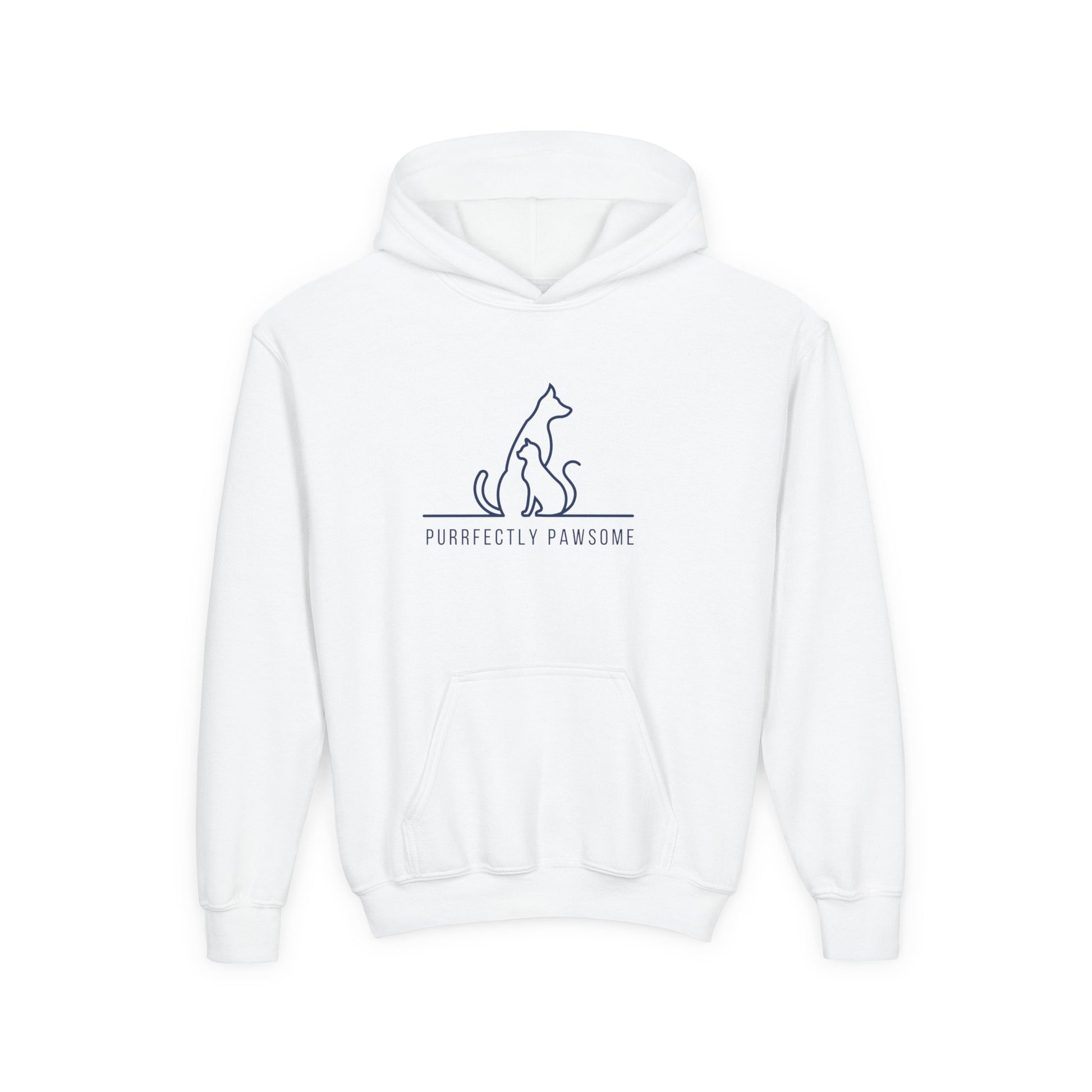 White kids silhouette pet hoodie with cat and dog outline and purrfectly pawsome text from Printify