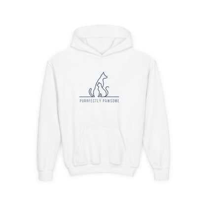White kids silhouette pet hoodie with cat and dog outline and purrfectly pawsome text from Printify