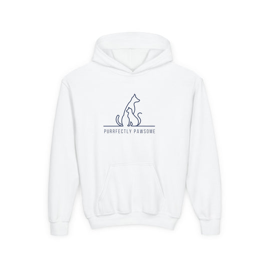 White kids silhouette pet hoodie with cat and dog outline and purrfectly pawsome text from Printify