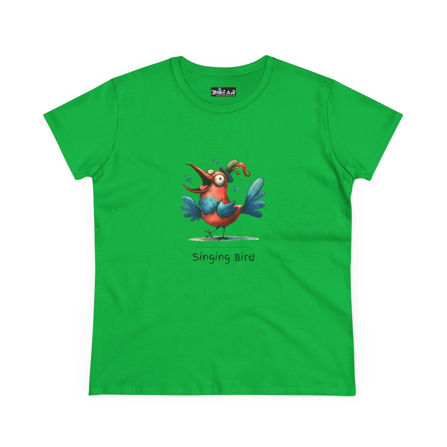 Green Printify T-Shirt featuring a colorful cartoon singing bird with the text singing bird shirt
