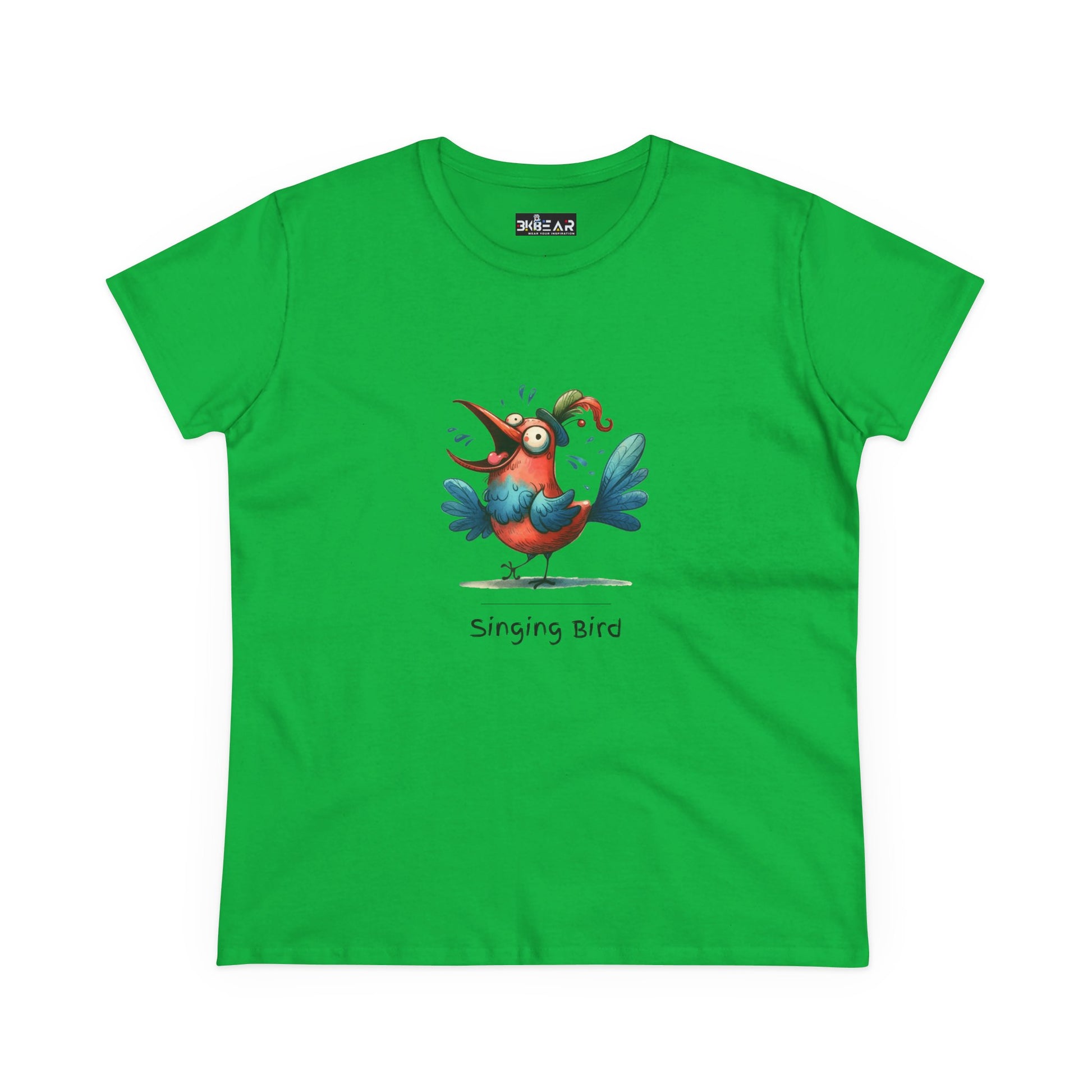 Green Printify T-Shirt featuring a colorful cartoon singing bird with the text singing bird shirt