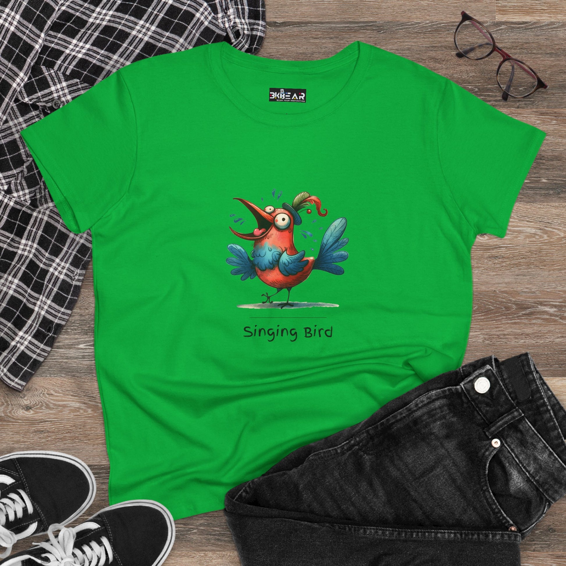 Green Printify t-shirt featuring a colorful cartoon singing bird shirt design on front