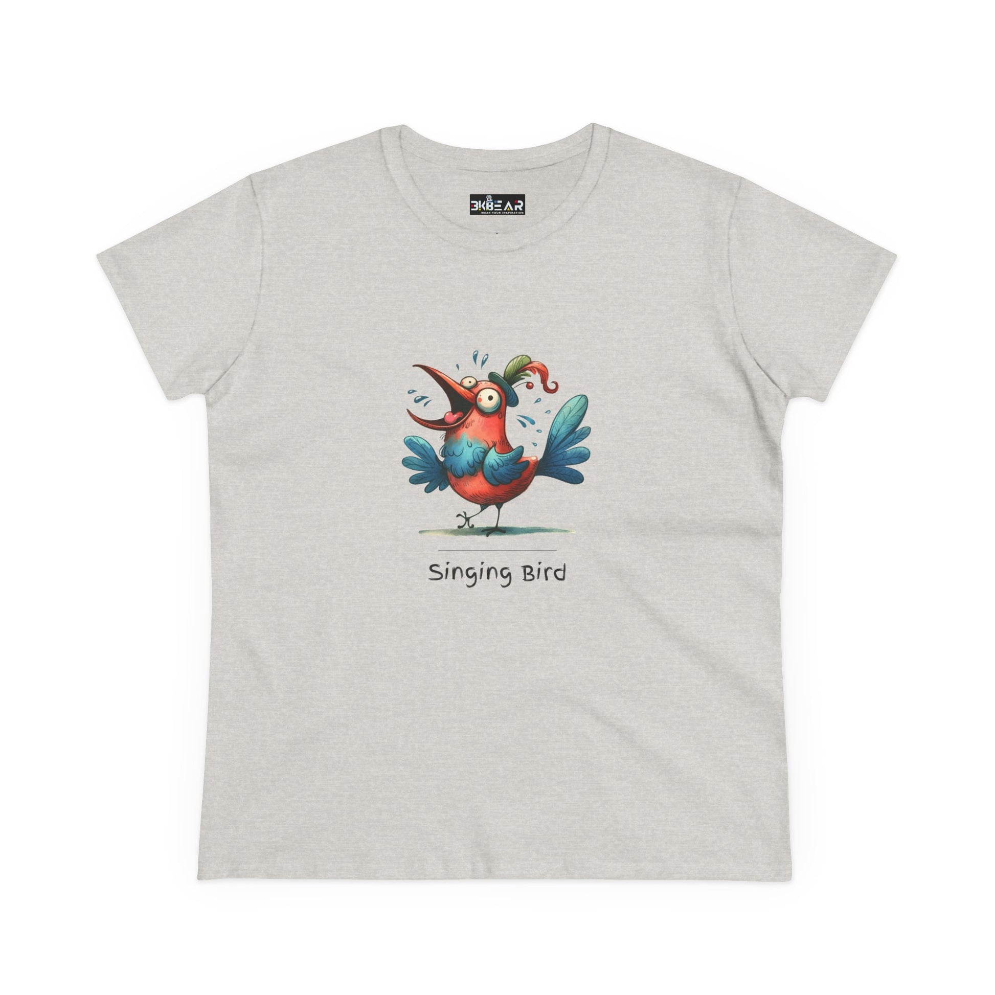 Gray T-shirt featuring colorful cartoon singing bird design with text singing bird shirt