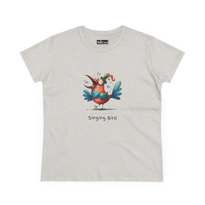 Gray T-shirt featuring colorful cartoon singing bird design with text singing bird shirt