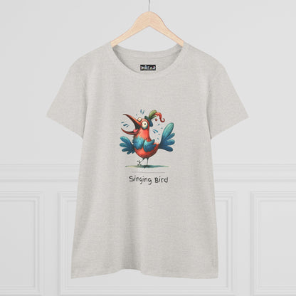Light gray Printify T-shirt with colorful cartoon singing bird design and singing bird shirt text