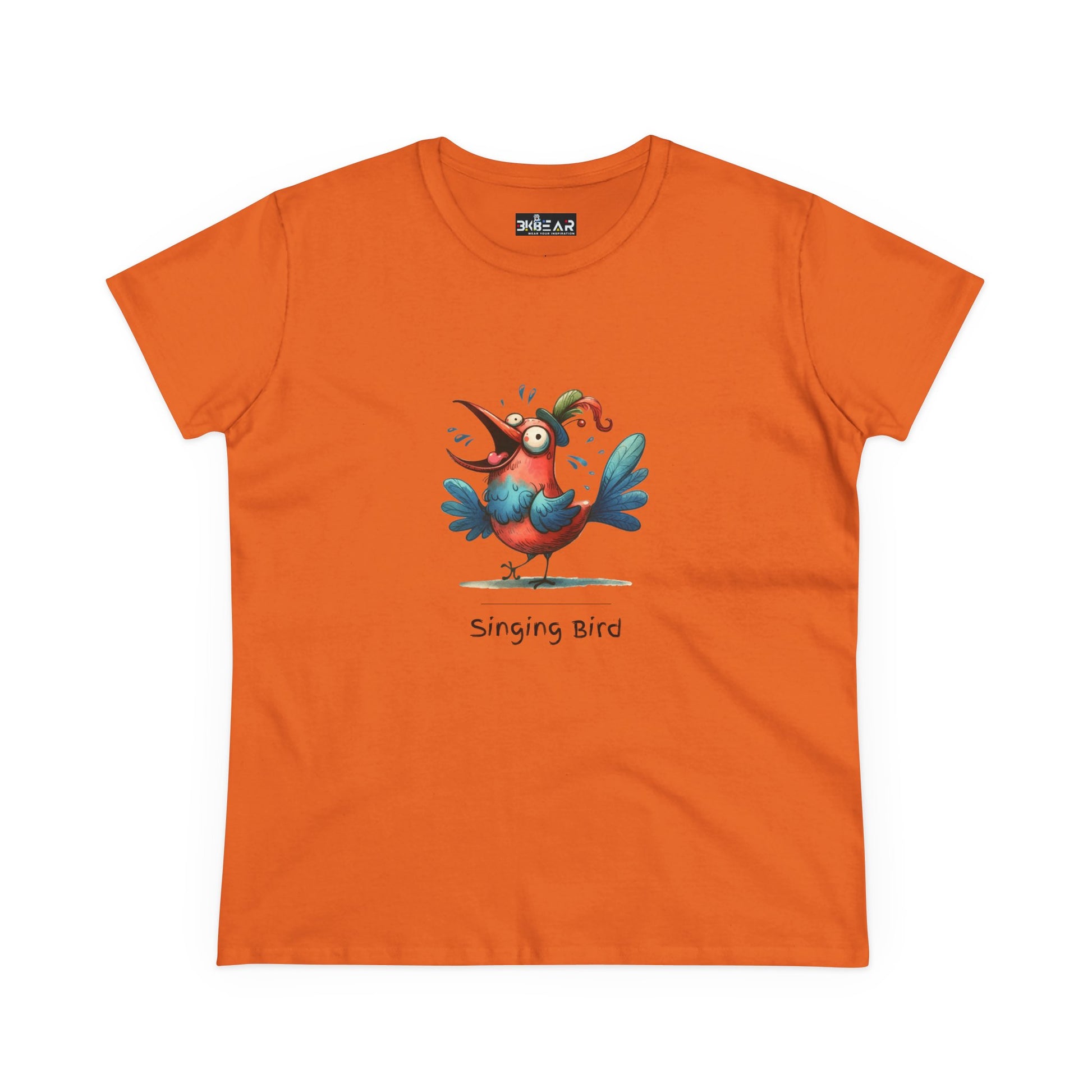 Orange Printify t-shirt featuring a colorful cartoon singing bird shirt design with vibrant blue and red hues