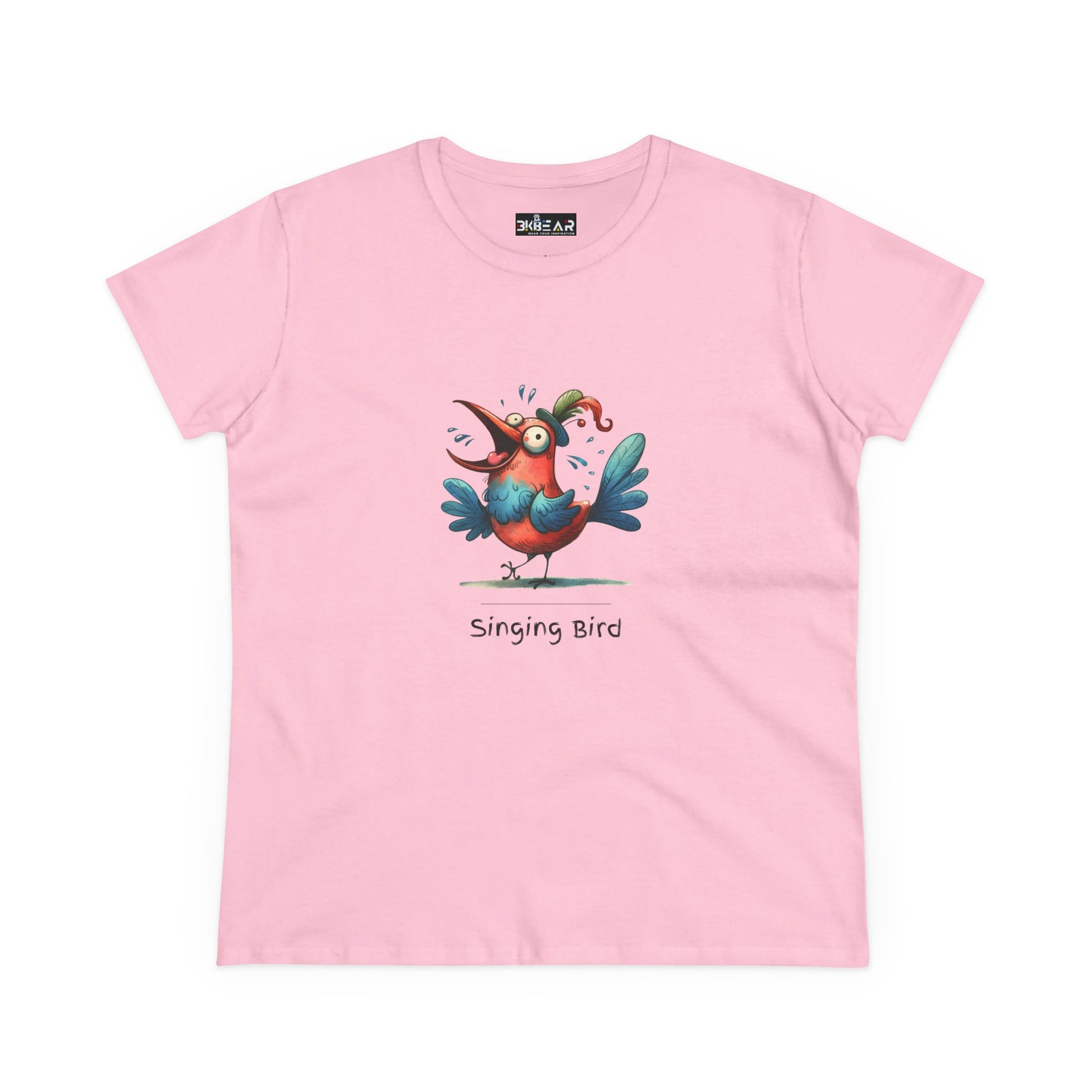 Pink Printify t-shirt featuring a colorful cartoon singing bird design with text singing bird shirt
